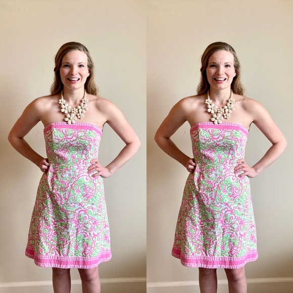 Lilly Pulitzer pink &green printed strapless dress - Picture 4 of 12